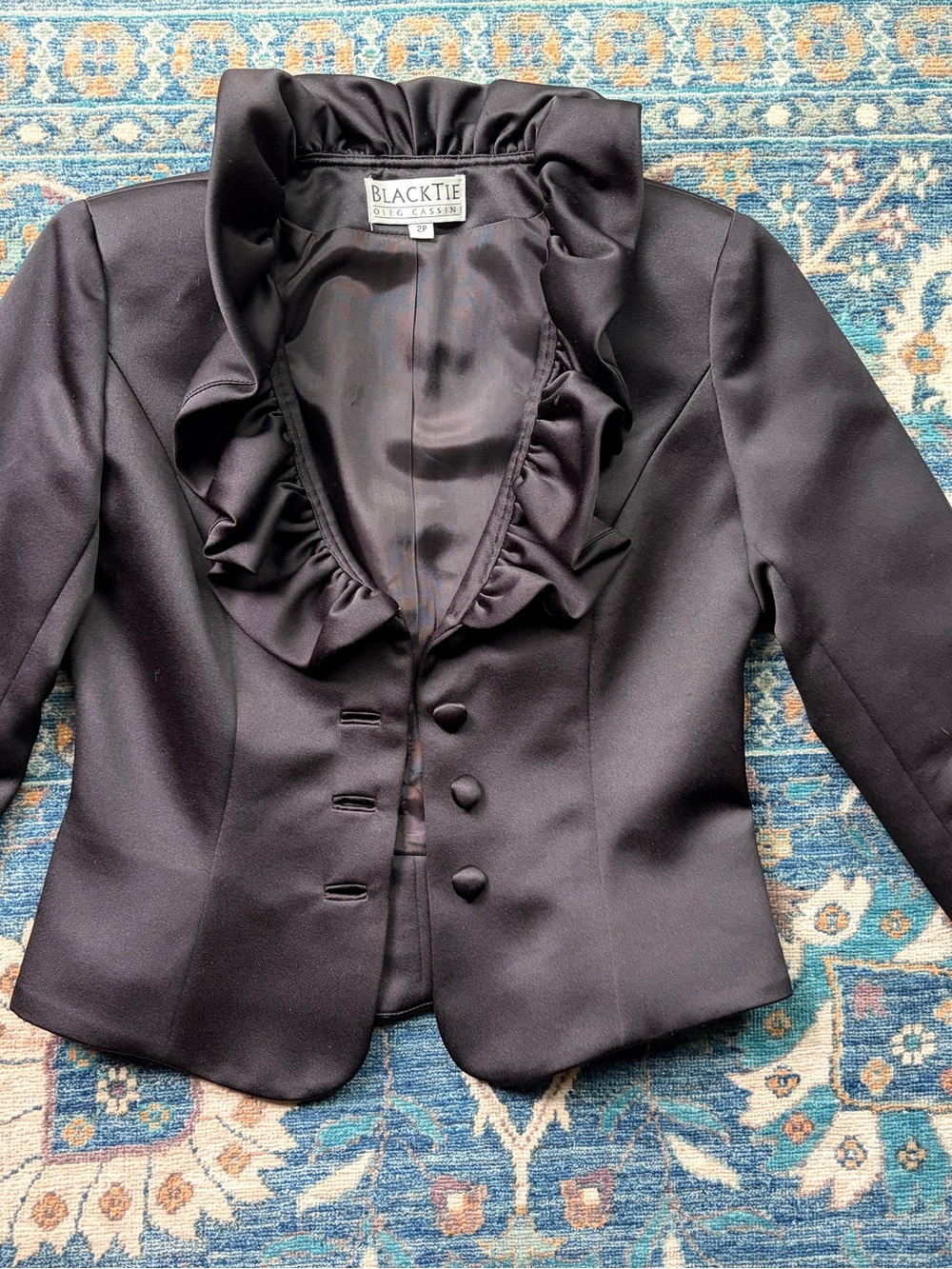 Vintage Oleg Cassini Black Ruffle Collar Blazer